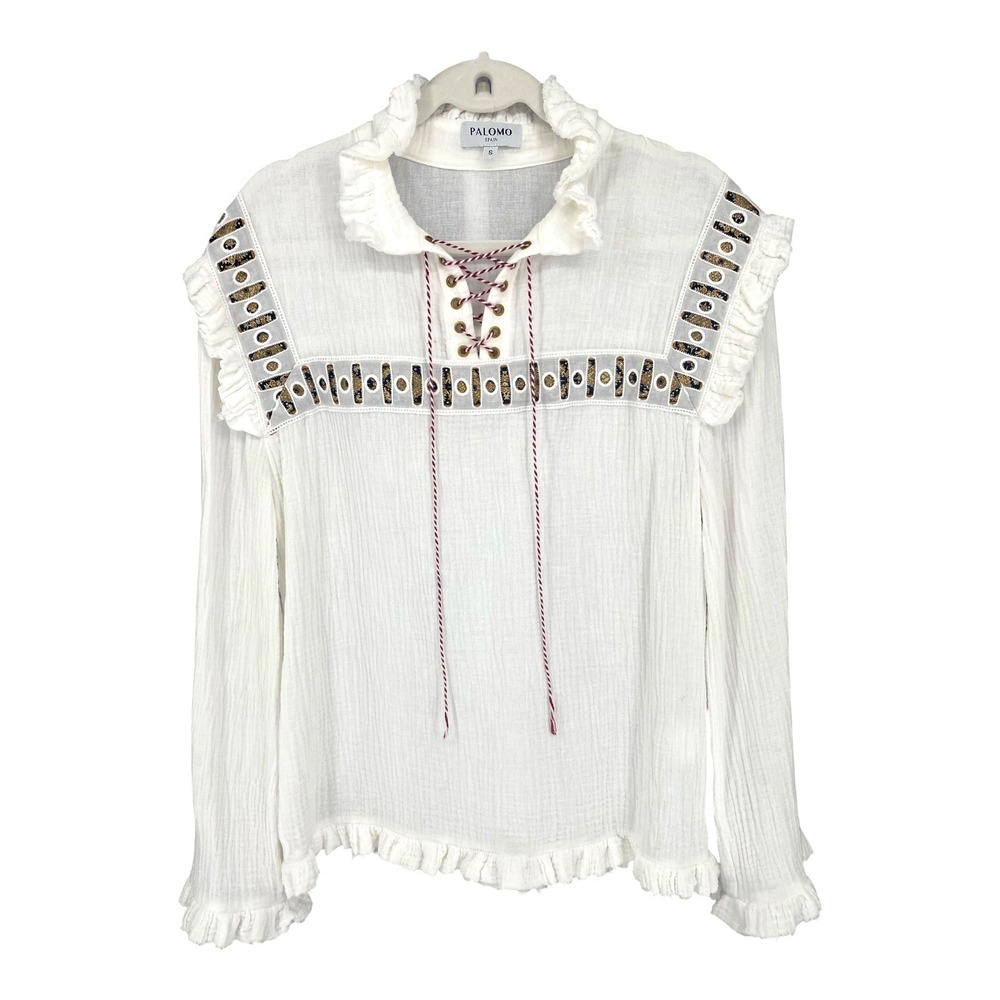 Palomo Spain White Cotton Gauze Ruffle Lace Up Boho Blouse Shirt Size S